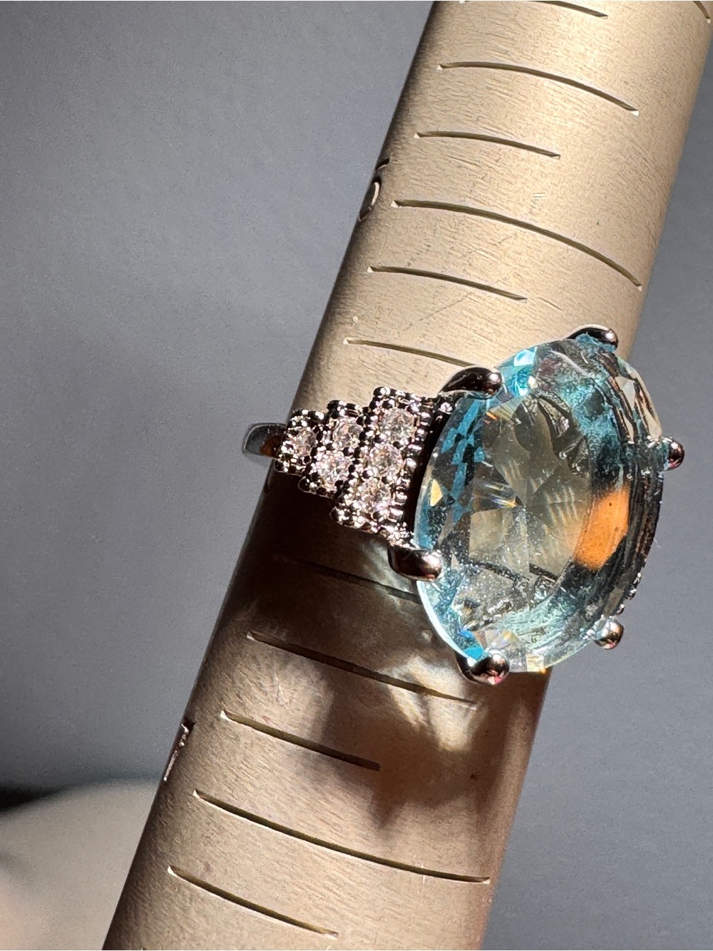Silver Aquamarine Oval Ring with Pave Accents size 6 - Picture 2 of 3